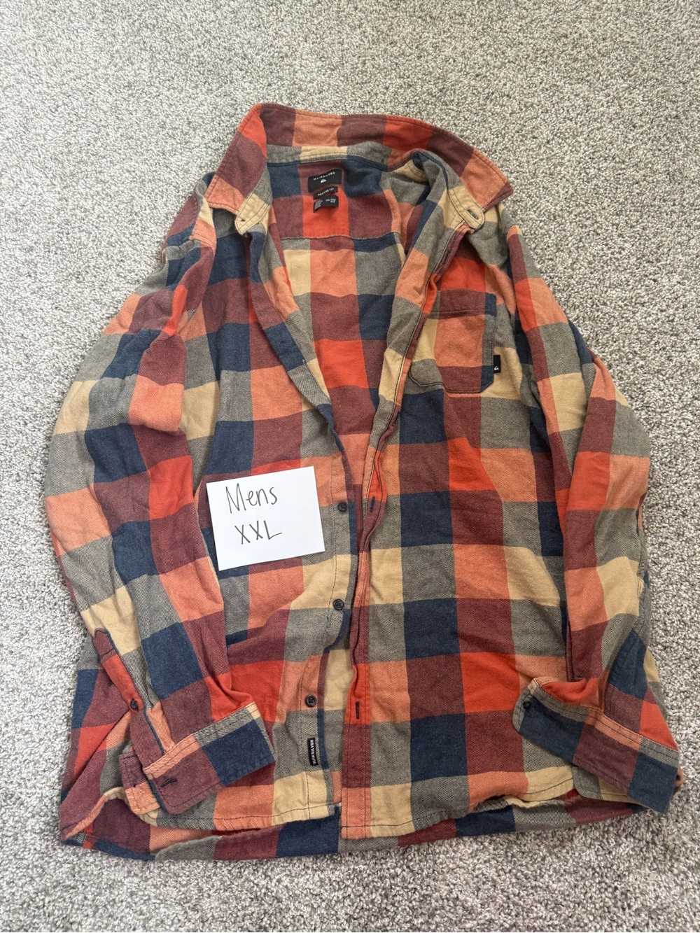 Quiksilver Men's Orange Navy Beige Plaid Button-Up Shirt